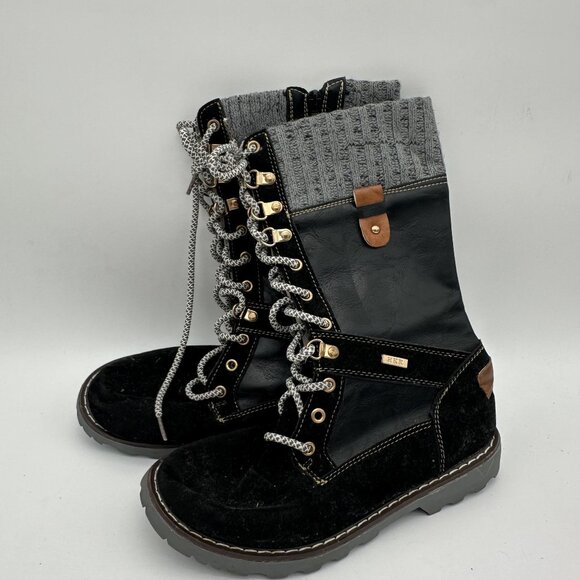 Black Grey Leather Knit Ankle Combat Boots Womens Lace Up Winter Footwear - Picture 1 of 5
